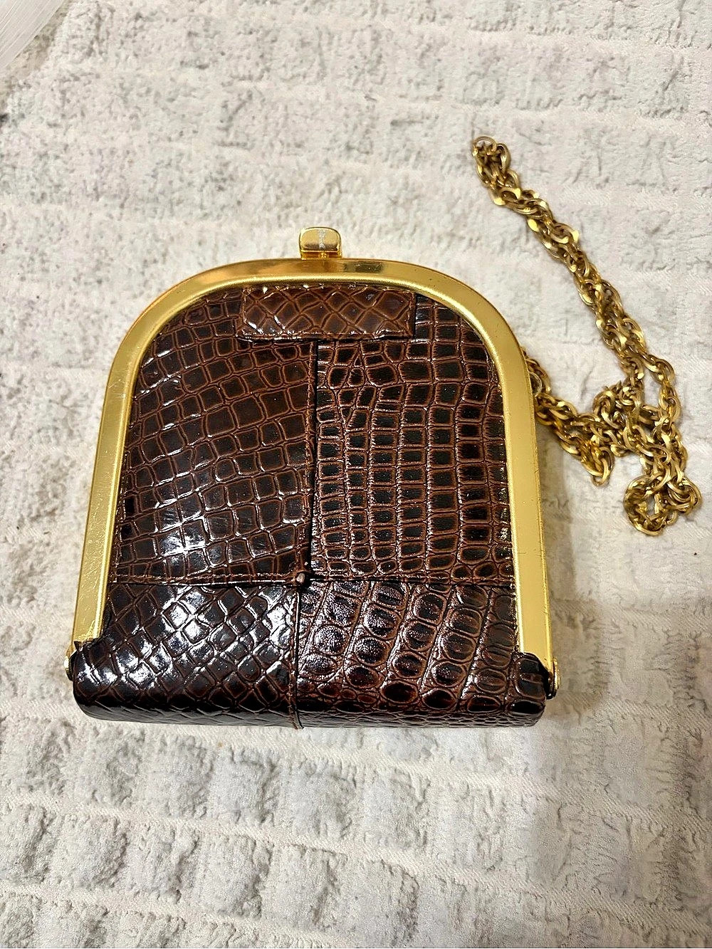 Crocodile Embossed Clutch in Brown & Gold